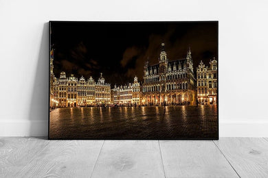 Grand Place Brussels Belgium Illuminated By Golden Lights At Night Architecture Wall Art Print on Paper Framed Picture print