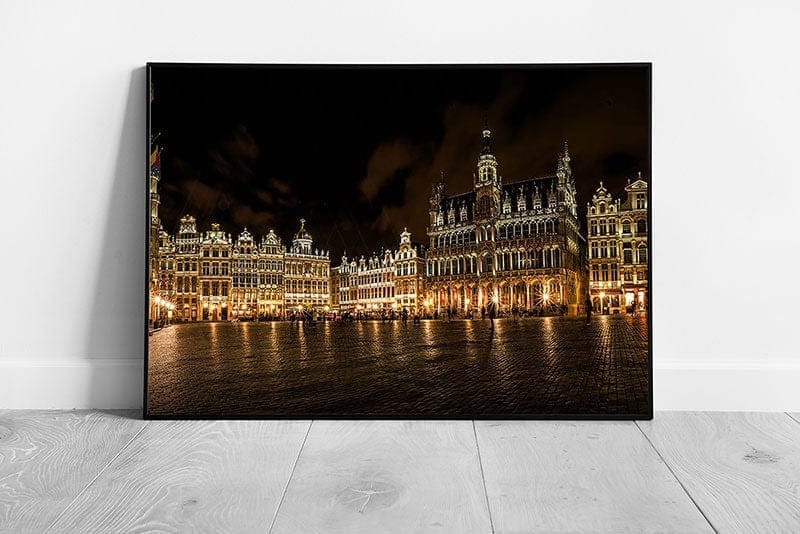 Grand Place Brussels Belgium Illuminated By Golden Lights At Night Architecture Wall Art Print on Paper Framed Picture print