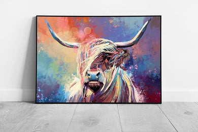 Colourful Sky Highland COW Wall Art Print on Paper Framed Picture print