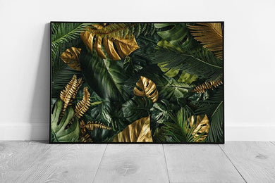 Abstract Modern Nature Exotic Jungle Of Luxury Gold And Rich Green Tropical Leaves Wall Art Print on Paper Framed Picture print