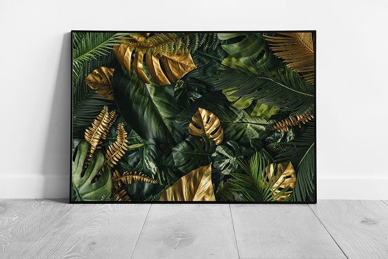 Abstract Modern Nature Exotic Jungle Of Luxury Gold And Rich Green Tropical Leaves Wall Art Print on Paper Framed Picture print