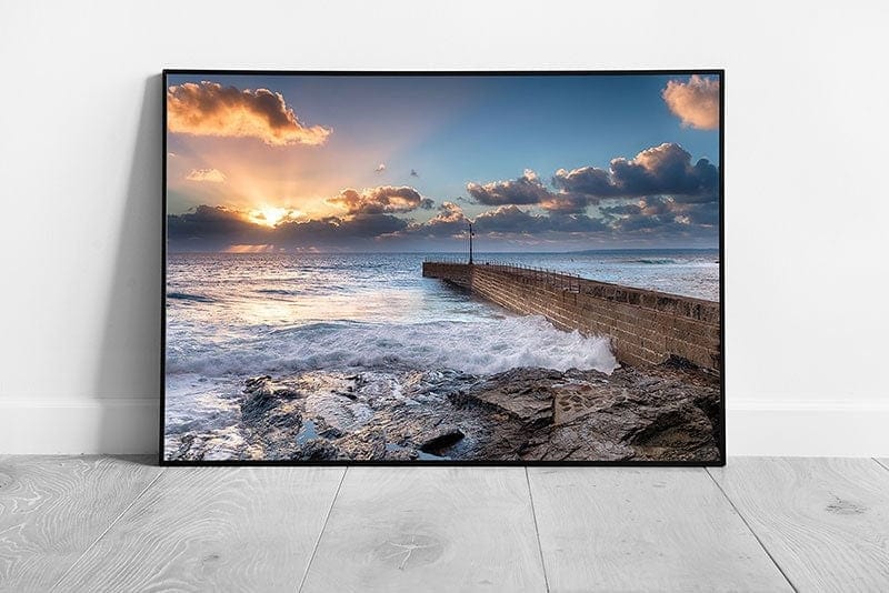 Beautiful golden sun rays over the stone pier Porthleven seascape Wall Art Print Framed Picture print