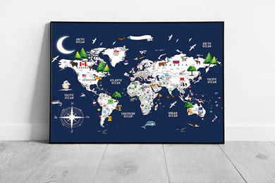 Fun world Map of flags animals Wall Art Print on Paper Framed Picture print