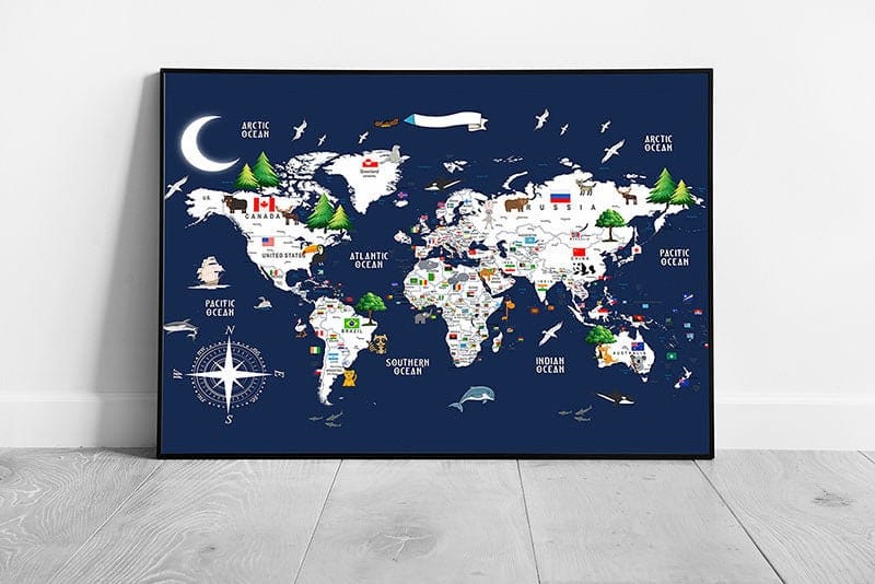 Fun world Map of flags animals Wall Art Print on Paper Framed Picture print