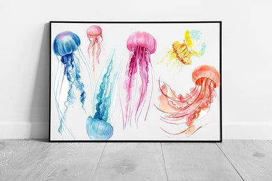 Colourful Illustrated Jellyfish Gracefully Swimming Around Watercolour Sea Life Wall Art Print on Paper Framed Picture print