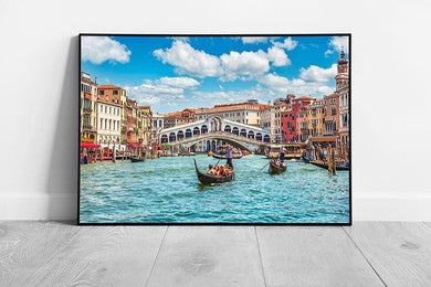 Gondola Boat And Bridge Rialto Grand Canal Venice Italy Wall Art Print on Paper Framed Picture print