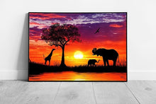Load image into Gallery viewer, African sunset Elephant giraffe Wall Art Print on Paper Framed Picture print
