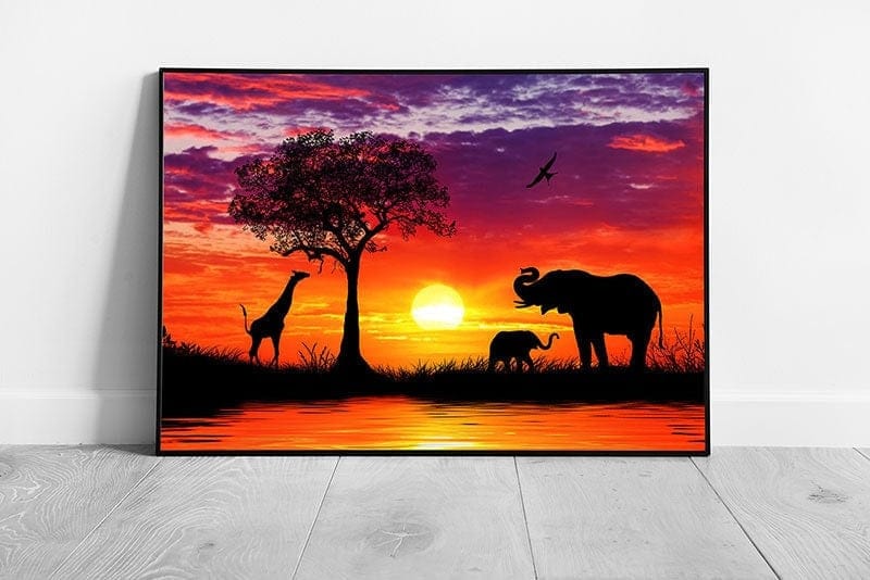 African sunset Elephant giraffe Wall Art Print on Paper Framed Picture print