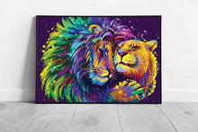 Load image into Gallery viewer, Lion And Lioness Cuddle Embrace Digital Colourful Wildlife Wall Art Print on Paper Framed Picture print

