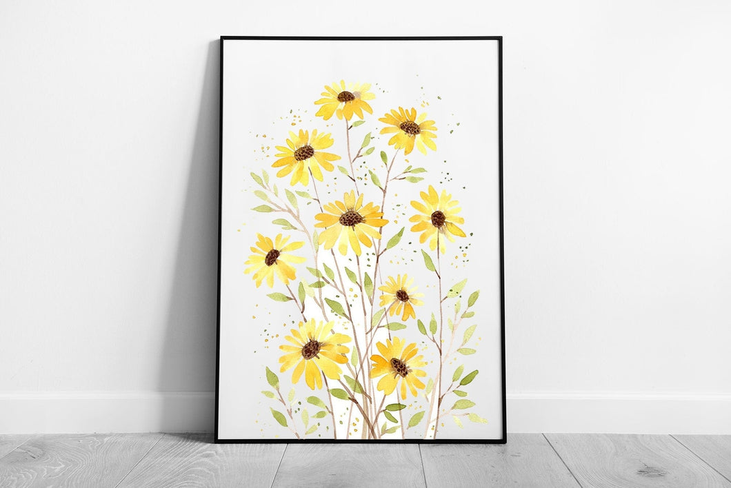 Group Of Delicate Yellow Flowers In Bloom Spring Summer Watercolour Illustration Wall Art Print on Paper Framed Picture print
