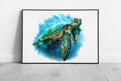 Large Sea Turtle Swimming Watercolour Painting Art Wall Art Print on Paper Framed Picture print