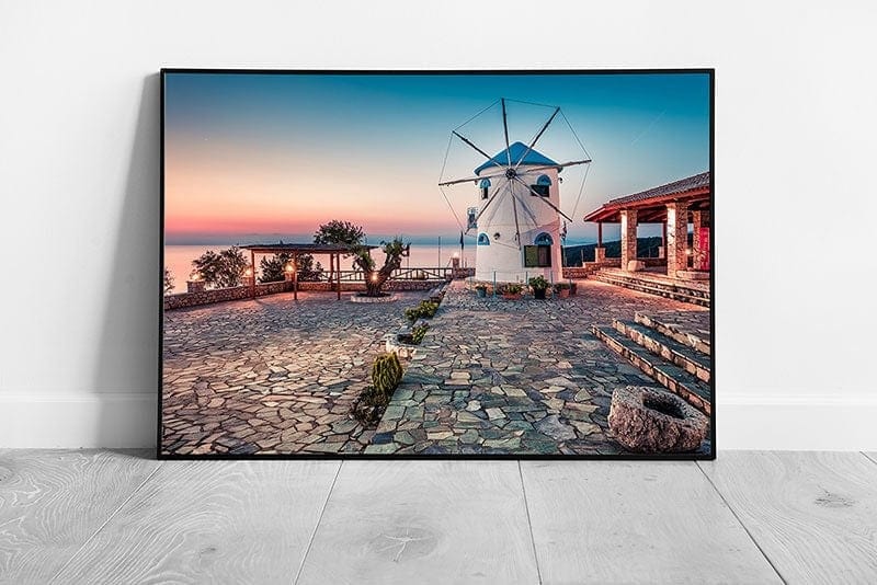 Captivating Morning Sunrise Over Potamitis Windmill Zakynthos Island Korithi Greece Wall Art Print on Paper Framed Picture print