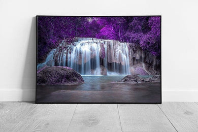 Fairytale Woodland With Beautiful Waterfall And Stunning Purple Foliage Wall Art Print on Paper Framed Picture print
