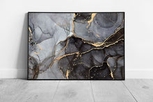 Laad de afbeelding in galerijviewer, Black Grey With Gold Highlights Free Flowing Alcohol Ink Marbling Technique Abstract Wall Art Print on Paper Framed Picture print
