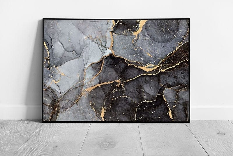 Black Grey With Gold Highlights Free Flowing Alcohol Ink Marbling Technique Abstract Wall Art Print on Paper Framed Picture print