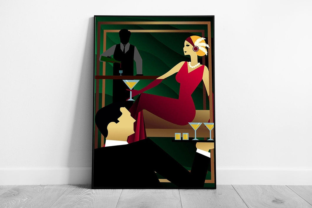 Glamorous Art Deco Inspired 1920's Flapper Woman In Red At A Bar Digital Illustration Wall Art Print on Paper Framed Picture print