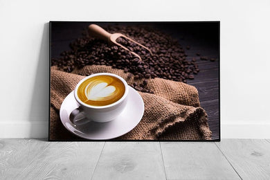 Cup Of Coffee With Latte Art On A Coffee Sack Surrounded By Coffee Beans Café Drinks Wall Art Print on Paper Framed Picture print