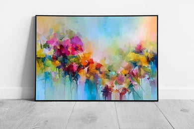 Abstract Oil Painting Style Selection Of Blooming Spring Flowers Floral Rainbow Wall Art Print on Paper Framed Picture print