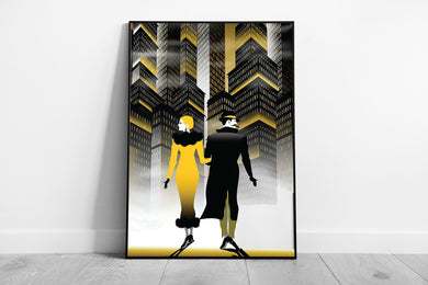 Art Deco 1920's Glamour Style Inspired Golden Couple In The City Digital Illustration Wall Art Print on Paper Framed Picture print