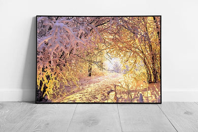 Icy Snow Covered Winter Woodland Forest Tunnel During A Golden Sunset Seasonal Wall Art Print on Paper Framed Picture print