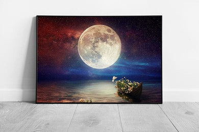 Boat Full Of Blooming Flowers Sailing Into A Star Filled Moonlit Fantasy Seascape Wall Art Print on Paper Framed Picture print