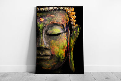 Buddha Statue Close Up Covered In Colourful Powders Wall Art Print on Paper Framed Picture print