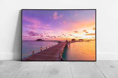 Beautiful Warm Sunset Seascape Over Tranquil Sea And Luxury Resort Villas Maldives Wall Art Print on Paper Framed Picture print