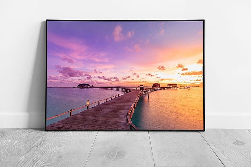 Beautiful Warm Sunset Seascape Over Tranquil Sea And Luxury Resort Villas Maldives Wall Art Print on Paper Framed Picture print
