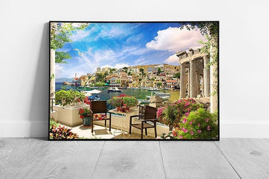 Mediterranean Terrace With Beautiful View Of Bay Wall Art Print on Paper Framed Picture print