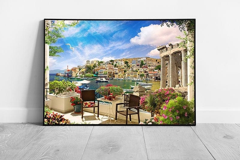 Mediterranean Terrace With Beautiful View Of Bay Wall Art Print on Paper Framed Picture print