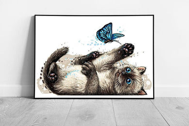 Cute Blue Eyed Cat Kitten Rolling On Back Playing With Butterfly Watercolour Style Wall Art Print on Paper Framed Picture print