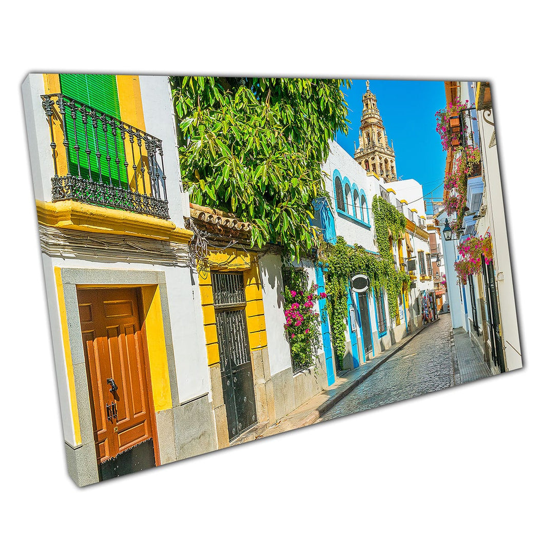 Kleurrijke straat in Cordoba Joodse kwartier Andalusië Spanje Wall Art Print op canvas gemonteerde canvas print