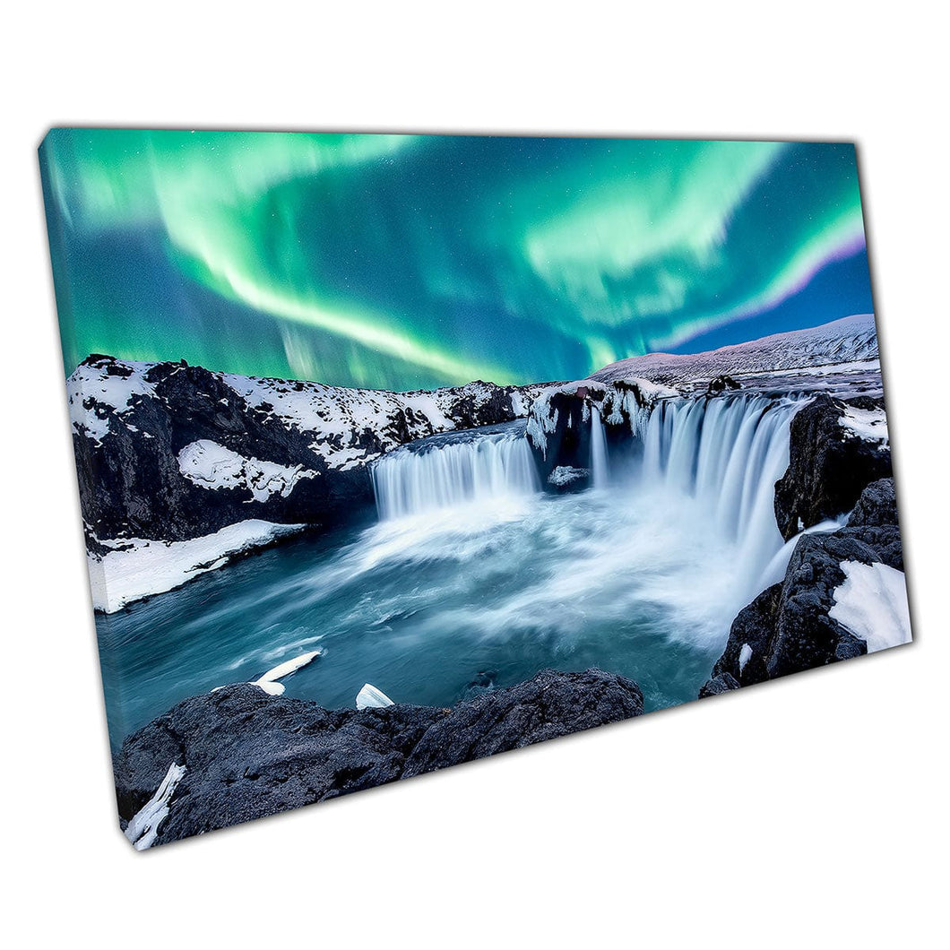 Prachtige noorderlicht over de Goðafoss Waterfall Noord -IJsland Wall Art Print op canvas gemonteerde canvas print