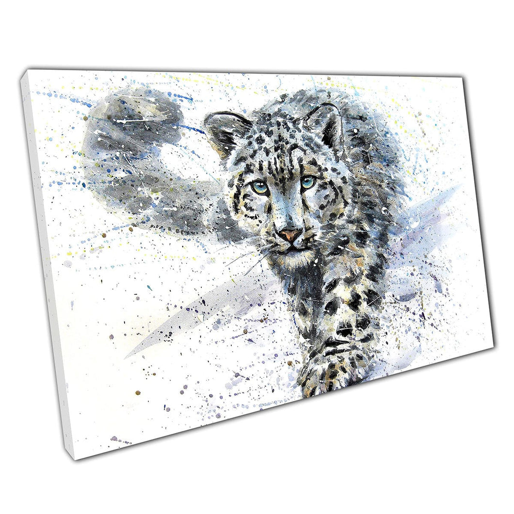 A acuarela Snow Leopard Hunting Wildlife Ilustración Animal Arte de pared Impresión en lienzo montado en lienzo estampado