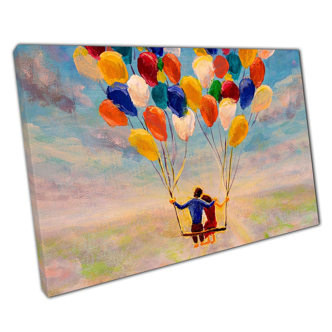Paar verliefd zwevend in de lucht met kleurrijke ballonnen kunst aan de muur op canvas gemonteerde canvas print