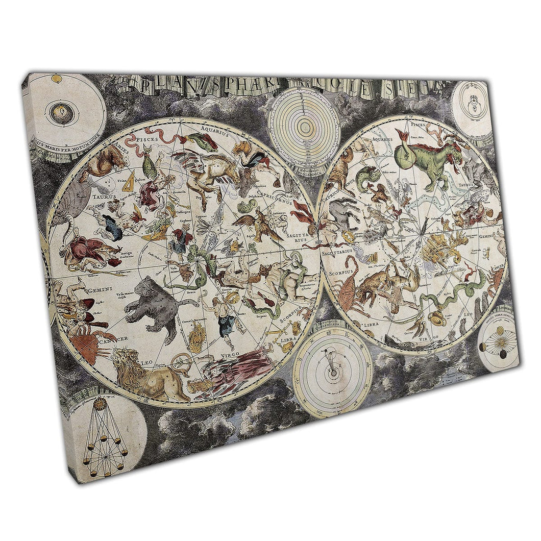 Old Fashioned Illustrated Sky Map met Hemispheres en Constellations Wall Art Print op canvas gemonteerde canvas print