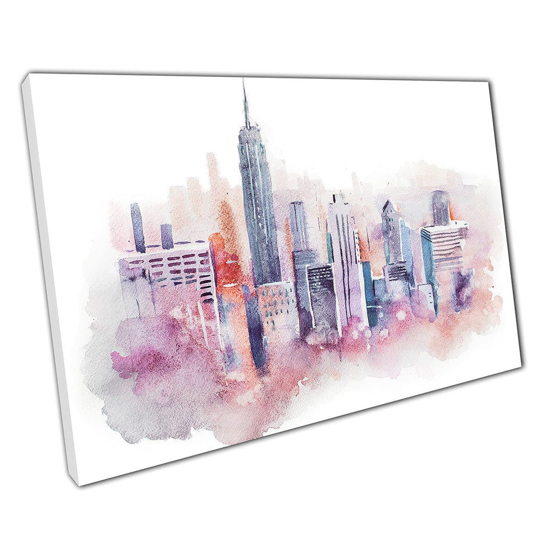 Hermosa delicada delicada de acuarela Cityscape Pink Purple Purple Pastel Tonos de arte de pared impresa en lienzo montado en lienzo estampado