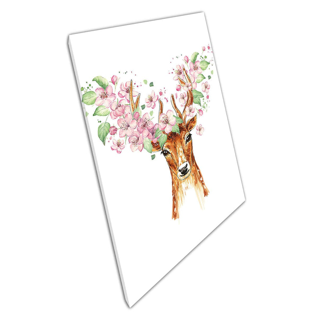 Cerf cerf avec des bois décorés de fleurs de printemps rose en floraison peinture d'art mural imprimé sur toile montée en toile imprimé