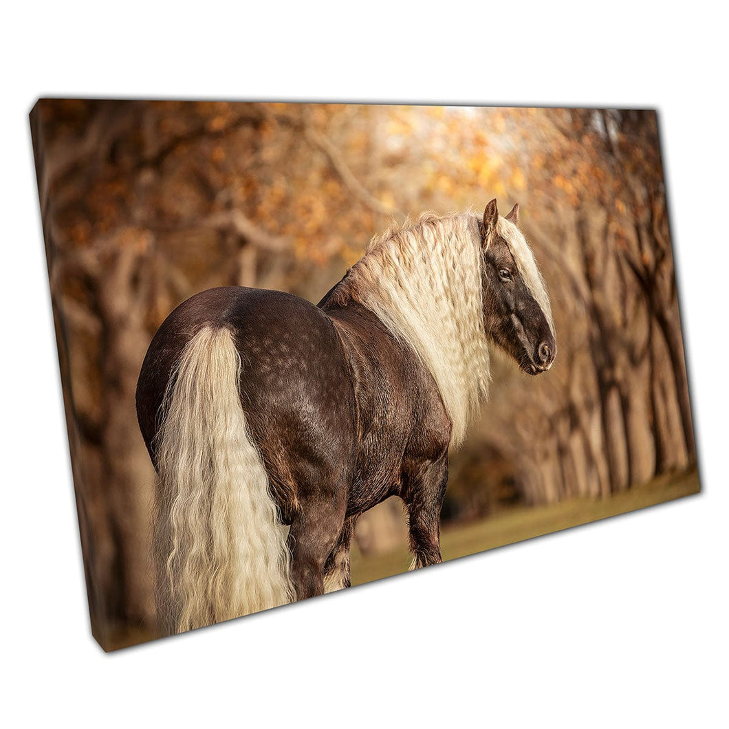 Beautiful Happy Horse In Brown Toned Woodland Landscape Wall Art Print On Canvas Mounted Canvas print