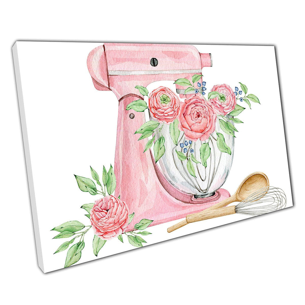 Schattige roze voedselmixer met zoete roze rozen keuken bakken kooking thema muur kunst print op canvas gemonteerde canvas print