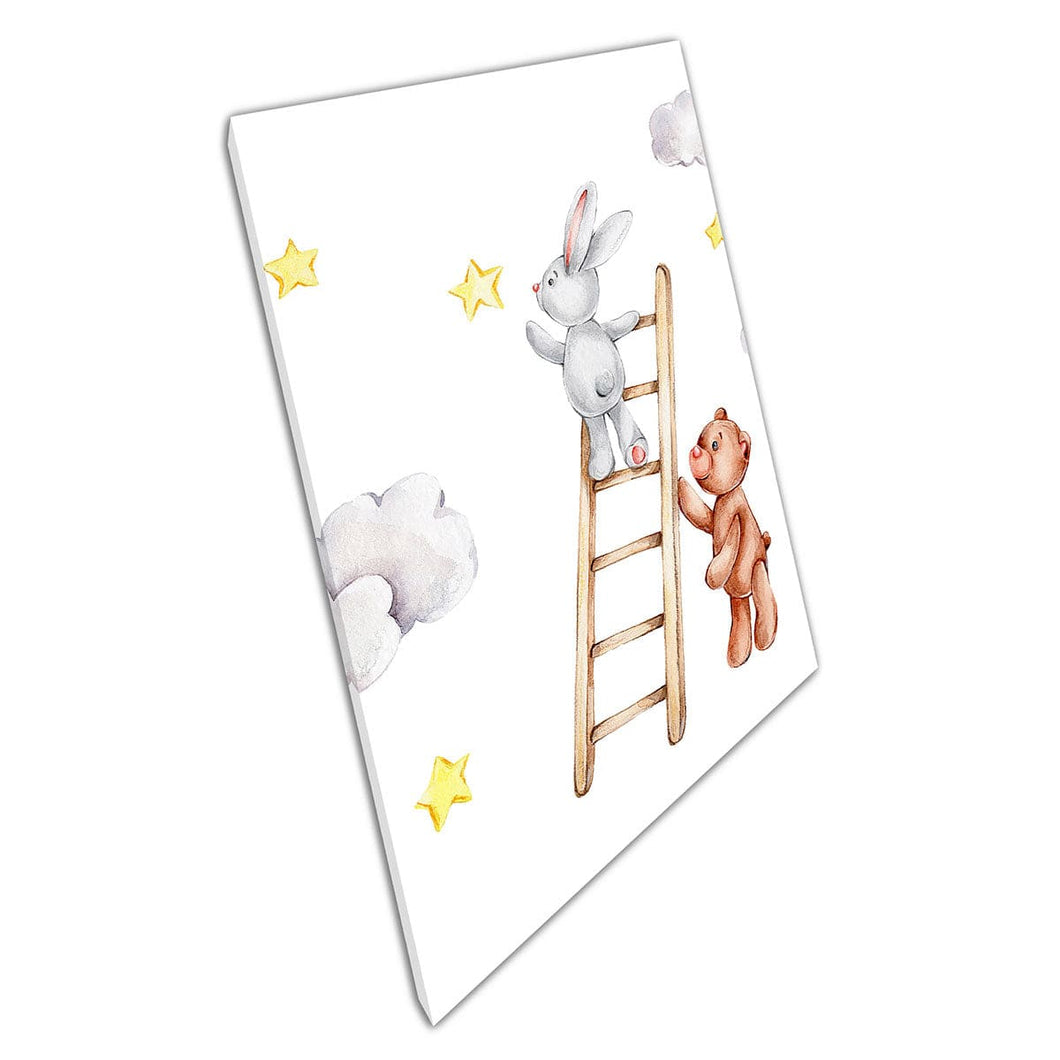 Cute Cartoon Teddy Bear And Bunny Rabbit Kids Room Art Watercolour Painting Wall Art Print On Canvas Mounted Canvas print