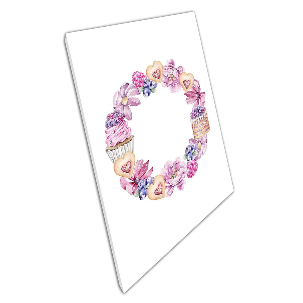 Wreath Of Tasty Sugary Snacks And Pastries With Delicate Blooming Florals Wall Art Print On Canvas Mounted Canvas print