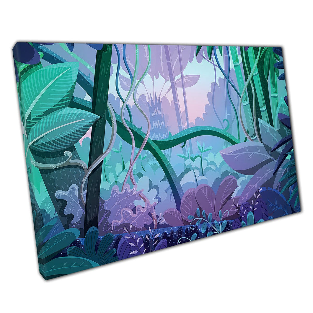 Blue Green Purple Digital Tropical Thick Bountiful Jungle Rainforest Wall Art Print On Canvas Mounted Canvas print