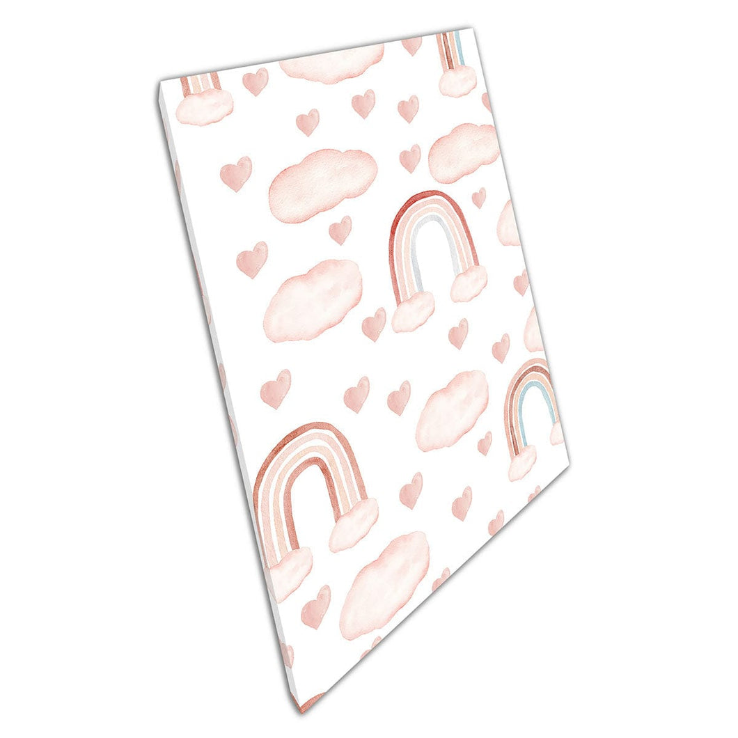 Roze afgezwakte aquarel Leuke regenbogen en liefde harten Girly kinderkamer kinderdagverblijf Wall Art Print op canvas gemonteerde canvas print
