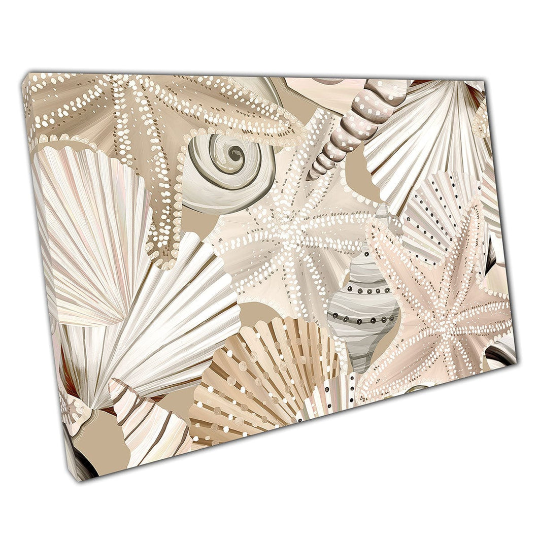 Beautiful Pearl Shades Of Seashells And Starfish Glamourous Sea Life Inspired Collage Wall Art Print On Canvas Mounted Canvas print