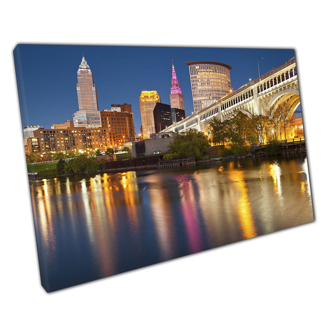 Beautiful Lively Golden Skyline Cityscape Of Downtown Cleveland At Twilight Wall Art Print On Canvas Mounted Canvas print