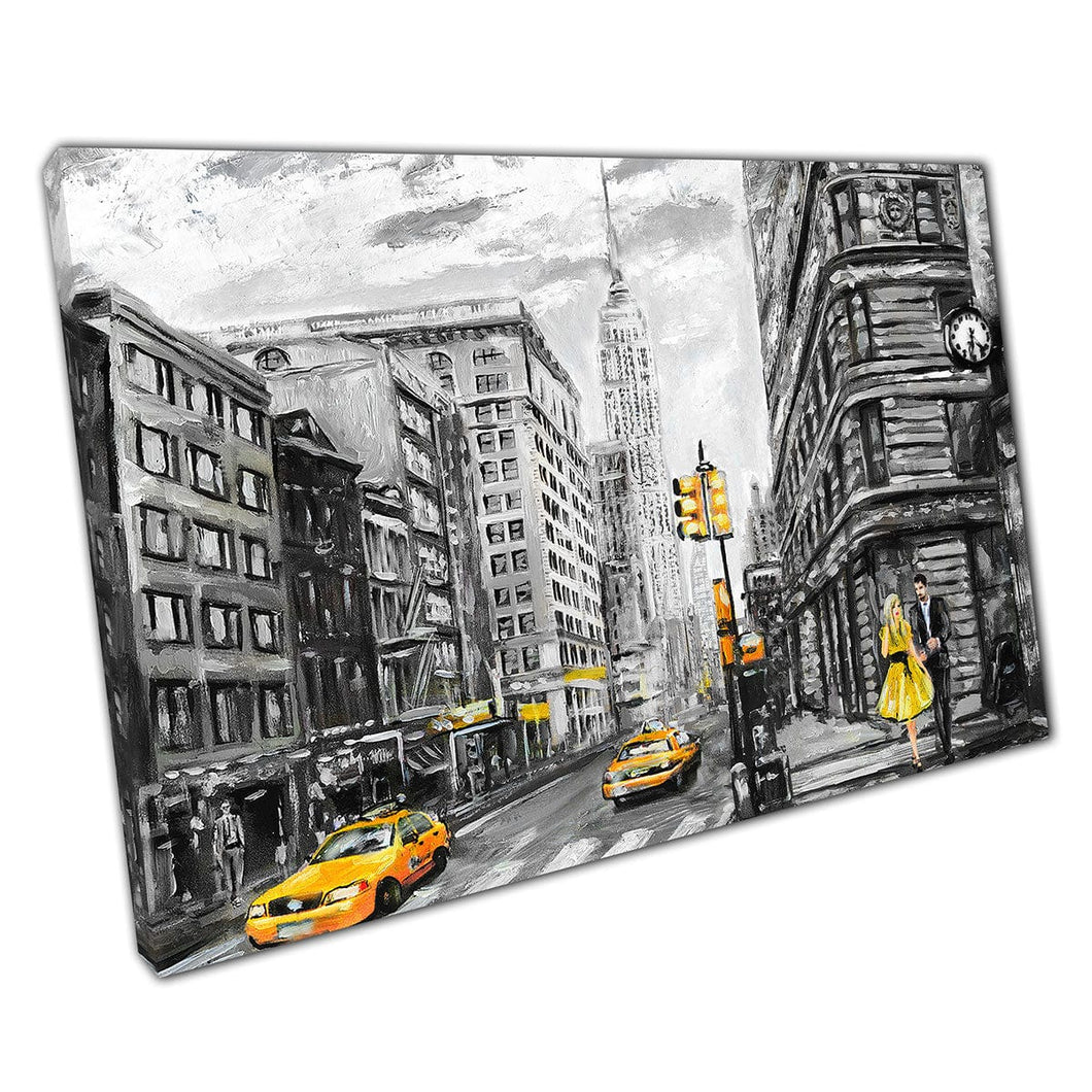 Estilo de pintura al óleo de textura monocromática y amarilla Ciudad de Nueva York con taxis impresa de arte de pared de paisaje urbano en lienzo montado en lienzo estampado