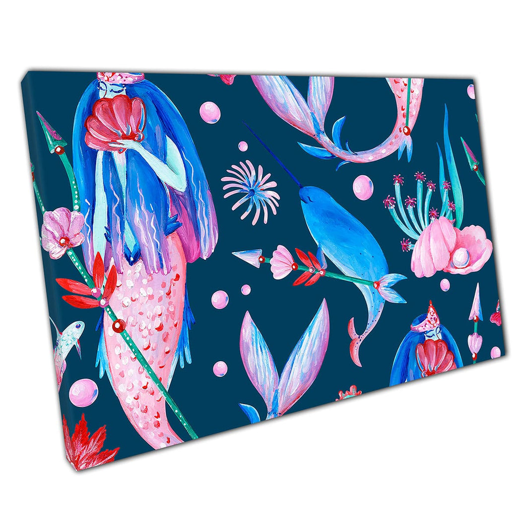 Fantasy Painted Style Underwater Beautiful Mermaid Water Nymph Sea Life Pattern Print Wall Art Print On Canvas Mounted Canvas print