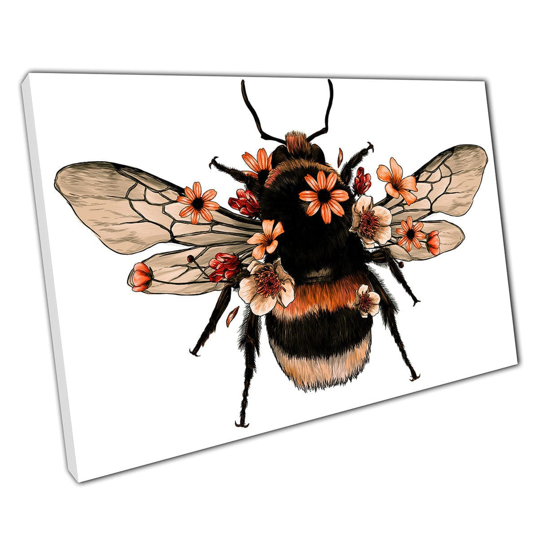 Pluize oranje geïllustreerde stommels bedekt met bloemen dier insect natuur bloemen muur kunst print op canvas gemonteerde canvas print