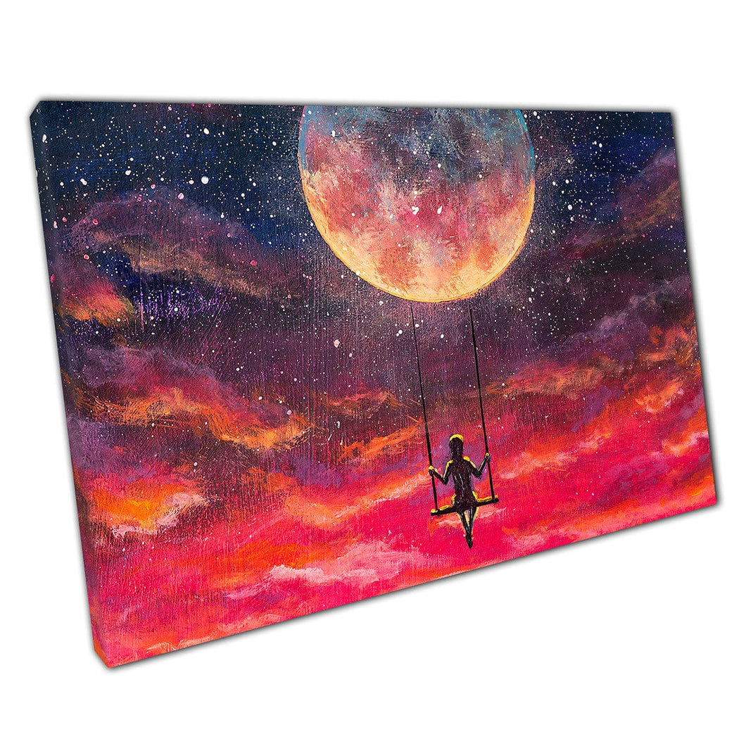 Red Moonlit Sky with Girl Riding on Moon Swing Fantasy Night Scene Magic Illustration Wall Art Print op canvas gemonteerde canvas print